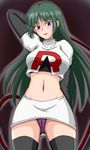  1girl black_boots black_legwear blush boots cameltoe gloves green_hair gym_leader long_hair looking_at_viewer midriff miniskirt musashi_(pokemon)_(cosplay) natsume_(pokemon) navel panties pokemon posing purple_panties skirt team_rocket team_rocket_(cosplay) thigh_boots thighhighs underwear upskirt whip wide_hips zettai_ryouiki 