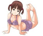  1girl arched_back arm_support barefoot brown_eyes brown_hair child feet full_body light_smile loli looking_at_viewer monochrome on_floor purple_swimsuit short_twintails simple_background soles solo swimsuit takei_shikin toes twintails white_background 