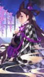  1girl bangs blue_hair blush book breasts brown_hair cleavage double_bun eyebrows_visible_through_hair fate/grand_order fate_(series) hair_between_eyes hair_ornament hand_up highres japanese_clothes kimono large_breasts long_hair long_sleeves looking_at_viewer murasaki_shikibu_(fate) parted_lips purple_eyes purple_hair sitting sleeves_past_wrists solo two_side_up very_long_hair yijian_ma 