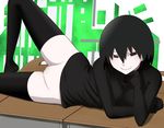  1girl black_eyes black_hair black_legwear desk gloves looking_at_viewer monogatari_(series) okipuu oshino_ougi owarimonogatari pale_skin pussy solo uncensored 