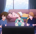  1girl 3boys arm artist_request bare_arms bare_shoulders blonde_hair blue_eyes brown_eyes brown_hair cloud collared_shirt controller couch curtains cushion digimon digimon_adventure_02 eyes_closed game_controller grin hat holding ishida_yamato looking_at_another looking_back looking_to_the_side lying multiple_boys neck on_side parted_lips playing shirt short_hair short_sleeves sitting sky sleeping smile sofa t-shirt takaishi_takeru tank_top television video_game window yagami_hikari yagami_taichi 