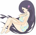  1girl ass black_hair blue_bra blue_hair blue_panties bra breasts edited finger_to_mouth flower full_body hair_flower hair_ornament hairclip large_breasts long_hair looking_at_viewer makomo_(pokemon) panties pokemon pokemon_(game) pokemon_bw saitou_naoki simple_background sketch smile solo underwear underwear_only very_long_hair white_background 