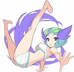  1girl ass blue_eyes bra breasts goggles gym_leader helmet long_hair nagi_(pokemon) open_mouth outstretched_arm outstretched_hand panties pokemon pokemon_(game) pokemon_oras purple_hair saitou_naoki simple_background sketch solo striped_panties stripped_bra underwear underwear_only white_background white_bra white_panties 