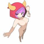 1girl breasts fake_horns fighting_stance from_above full_body horned_headwear kagari_(pokemon) kagari_(pokemon)_(remake) looking_at_viewer nude open_mouth outstretched_arm outstretched_hand pokemon pokemon_(game) pokemon_oras purple_eyes purple_hair saitou_naoki short_hair simple_background sketch solo team_magma white_background 