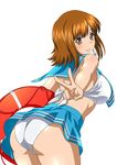  ass ato_(ikkitousen) brown_eyes brown_hair cowboy_shot crop_top earrings holding ikkitousen jewelry looking_at_viewer looking_back midriff miniskirt official_art outstretched_arm panties sailor_collar shiny shiny_skin short_hair simple_background skirt smile solo underwear v white_background white_panties 