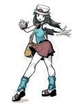  belt blue_(pokemon) brown_eyes brown_hair from_behind full_body genzoman hat holding holding_poke_ball leg_warmers long_hair looking_at_viewer looking_back loose_socks open_mouth outstretched_hand poke_ball poke_ball_(generic) poke_ball_print pokemon pokemon_(game) pokemon_frlg red_skirt simple_background sketch skirt socks solo standing white_background 