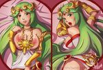  1girl areola areolae artist_name breasts dakimakura from_behind green_eyes green_hair kid_icarus large_areolae large_breasts long_hair looking_at_viewer looking_back lying necklace nipples on_back on_stomach palutena parted_lips solo sweet_stellar tiara web_address 