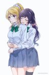  2girls artist_name ayase_eli black_legwear blonde_hair blue_eyes blue_skirt blush bow bowtie collared_shirt dress_shirt eyes_closed frown green_neckwear hair_ornament hair_scrunchie highres hug hug_from_behind long_hair long_sleeves love_live! love_live!_school_idol_project low_twintails miniskirt multiple_girls open_mouth pink_scrunchie pleated_skirt ponytail purple_hair scrunchie shirt sidelocks simple_background skirt smile striped striped_neckwear surufuji sweatdrop thighhighs toujou_nozomi twintails u_u white_background white_scrunchie white_shirt yuri 