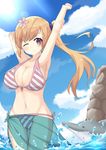  arm_behind_head artist_request bikini blonde_hair blue_sky blush breasts clavicle cleavage cloud collarbone dolphin female flower hair_flower hair_ornament hair_ribbon kawakami_mai l4no l4no-shiro large_breasts long_hair looking_at_viewer musaigen_no_phantom_world navel ocean one_arm_up one_eye_closed purple_eyes ribbon rizky_maulano sarong side-tie_bikini side_ponytail sky solo standing striped striped_bikini striped_swimsuit sun swimsuit thigh_gap water 