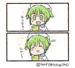  1girl 2koma :d =_= ^_^ artist_name cellphone closed_eyes comic commentary_request green_eyes green_hair hat line_(naver) lowres open_mouth personification phone sailor_hat short_twintails sidelocks smartphone smile translation_request tsukigi twintails twitter-san twitter_username 