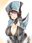  1girl :d armor banshee_(warframe) black_hair blush bodysuit breasts cleavage cleavage_cutout female huge_breasts leaning_forward looking_at_viewer maboroshi_kirin open_mouth plump purple_eyes sleeves smile solo standing thick_thighs warframe wide_hips 