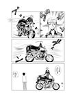  1girl animal_ears bad_id bad_twitter_id biker_clothes centaur centorea_shianus comic copytomcat goggles goggles_on_headwear greyscale ground_vehicle helmet highres hooves horse_ears horse_tail kurusu_kimihito long_hair monochrome monster_girl monster_musume_no_iru_nichijou motor_vehicle motorcycle multiple_legs ponytail tail translated 