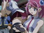  1girl ass bare_arms blindfold blue_eyes breasts highres hiiragi_yuzu legs looking_down makino_tomoyasu open_mouth panties pink_hair school_uniform short_hair skirt sleeveless small_breasts standing thighhighs thighs twintails underwear upskirt yu-gi-oh! yuu-gi-ou_arc-v 