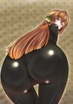  1girl ass back blue_eyes blush breasts brown_hair cameltoe ciel_nosurge flower from_behind hair_flower hair_ornament highres ionasal_kkll_preciel latex latex_suit leaning_forward legs long_hair looking_back shiny shiny_clothes simple_background skin_tight solo thighs 