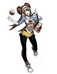  :d blue_eyes brown_hair collarbone double_bun full_body genzoman long_hair looking_at_viewer mei_(pokemon) open_mouth pantyhose poke_ball pokemon pokemon_(game) pokemon_bw2 raglan_sleeves running shirt shoes short_shorts shorts sketch smile sneakers solo t-shirt twintails visor_cap 