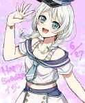  1girl :d akasata bang_dream! blue_bow blue_eyes blue_neckwear bow bracelet braid character_name dated earrings hair_bow hand_up happy_birthday hat jewelry long_hair looking_at_viewer neckerchief open_mouth purple_background school_uniform serafuku short_sleeves smile solo striped twin_braids wakamiya_eve waving white_hair 