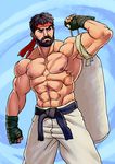  1boy abs alternate_costume beard biceps black_hair capcom facial_hair headband josef_axner muscle ryuu_(street_fighter) scar shirtless solo street_fighter street_fighter_v toned wrist_wraps 