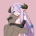  1boy 1girl artist_request between_breasts blue_eyes blush braid breasts bug doraf gloves granblue_fantasy hair_ornament horns large_breasts long_hair narumeia_(granblue_fantasy) nipples nude open_mouth pointy_ears purple_hair shirihime 