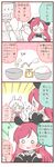  2girls 4koma :&gt; animal_ears baking blush bowl bunny_ears bunny_hair_ornament clapping comic detached_sleeves egg flying_sweatdrops hair_ornament kitchen_scale multiple_girls notice_lines o_o original red_hair saku_usako_(rabbit) translated twintails weighing_scale white_hair 