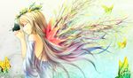  back bare_back blonde_hair bug butterfly closed_eyes flower gradient_hair hands_clasped head_wreath insect light_smile long_hair multicolored_hair original own_hands_together profile purple_hair smile solo wings yoshino_ryou yuri-chan 