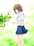  aqua_ribbon bangs blue_skirt blurry blurry_background brown_hair coffee-kizoku cupping_hands depth_of_field eyebrows_visible_through_hair from_side green_eyes leaf looking_away neck_ribbon original outdoors plant ribbon school_uniform serafuku short_hair short_sleeves skirt solo standing water_drop 