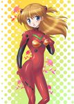  :o bangs blue_eyes blush bodysuit bracer breasts floating_hair floral_background flower gloves gradient gradient_background hair_ornament halftone halftone_background hand_on_own_chest hand_on_own_thigh hizaki_tomoko long_hair looking_at_viewer neon_genesis_evangelion number open_mouth orange_hair pilot_suit plugsuit shiny shiny_clothes skinny small_breasts solo souryuu_asuka_langley turtleneck two_side_up 