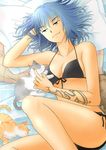  428 alphard bad_id bad_pixiv_id bed bikini blue_hair brown_eyes canaan cat kurioneko lying pillow solo swimsuit tattoo 