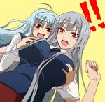  aliasse blue_hair blush breast_grab breasts grabbing grey_hair kenji_t1710 large_breasts long_hair multiple_girls open_mouth red_eyes selvaria_bles senjou_no_valkyria senjou_no_valkyria_2 silver_hair surprised surprised_arms sweater_vest 