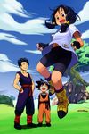  2boys bad_id bad_pixiv_id bike_shorts black_eyes black_hair cloud day dragon_ball dragon_ball_z field fingerless_gloves floating gloves multiple_boys neko_(hansinn) open_mouth sky smile son_gohan son_goten standing teenage tree twintails videl 