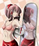  adjusting_bra adjusting_clothes ao_usagi armpits bra brown_hair detached_sleeves hakurei_reimu lingerie looking_back midriff mirror pink_bra reflection solo touhou underwear undressing 