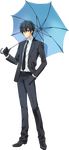  black_hair blue_eyes carnelian formal fujita_kojirou full_body gloves hand_in_pocket male_focus para-sol solo suit transparent_background umbrella 
