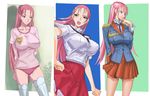  arms_behind_back blue_eyes breasts buruma costume_chart gym_uniform hand_on_hip hand_to_own_mouth huge_breasts juliana_eberhardt long_hair makacoon necktie open_mouth pink_hair plaid plaid_skirt school_uniform senjou_no_valkyria senjou_no_valkyria_2 skirt thighhighs uniform white_legwear 