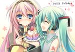  aqua_hair bad_id bad_pixiv_id blue_eyes blush cake food happy_birthday hatsune_miku heart long_hair megurine_luka multiple_girls pastry pink_hair purinko smile sweatdrop twintails vocaloid 