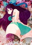  ass black_hair black_legwear bow bra from_below green_bra green_panties hair_bow hand_on_hip kusaka_eiki lingerie long_hair looking_back panties purple_eyes reiuji_utsuho smile solo thighhighs touhou underwear underwear_only 