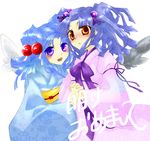  akeome angel_wings black_hanbok_angel_(trickster) blue_eyes blue_hair happy_new_year japanese_clothes kimono multiple_girls new_year orange_eyes ribbon trickster twintails white_angel_(trickster) wings 