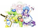  ahoge animal_ears apron aria_(trickster) bad_id bad_pixiv_id blonde_hair blue_eyes blush braid bunny_ears bunny_maid_(trickster) closed_eyes green_eyes green_hair hat hato_no_hito karu_(trickster) long_hair maid maid_headdress maid_minnie_(trickster) minigirl mint_(trickster) multiple_girls red_eyes ribbon shield short_hair smile staff sword trickster twin_braids weapon wings 