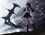  bad_id bad_pixiv_id bangs black_hair blunt_bangs glowing glowing_eyes legs long_hair original school_uniform scythe siraha solo 