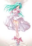  blue_eyes crossed_legs dress dress_lift duplicate elbow_gloves frills garter_belt gloves green_hair high_heels long_hair miwa_yoshikazu panties princess_melora ribbon ripples shoe_ribbon solo standing strappy_heels thighhighs tiara twinbee underwear watson_cross white_legwear 