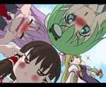  \m/ blonde_hair bow brown_hair frog from_below green_eyes green_hair grimace hair_bow hair_ornament hakurei_reimu hat japanese_clothes kochiya_sanae letterboxed long_hair lucky_star mouth_pull multiple_girls necktie o3o otaku_(artist) parody purple_hair reisen_udongein_inaba touhou yakumo_yukari 