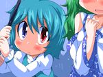  blue_eyes blue_hair blush geetsu green_hair heterochromia kochiya_sanae multiple_girls oekaki red_eyes short_hair tatara_kogasa touhou umbrella 