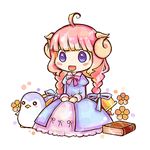  ahoge bad_id bad_pixiv_id bell bird blue_eyes blue_penguin_(trickster) blush book braid chibi dress flower happy horns kamoi_memo long_hair lowres penguin pink_hair ribbon sheep_(trickster) sitting smile solo trickster twin_braids 