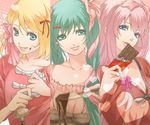  aqua_eyes aqua_hair bad_id bad_pixiv_id baking blonde_hair blouse blue_eyes chocolate chocolate_bar hair_ornament hair_ribbon hairclip hatsune_miku heart icing kagamine_rin licking_lips long_hair megurine_luka multiple_girls pastry_bag peony_(peony33) pink_hair ribbon short_hair tongue tongue_out twintails valentine vocaloid 