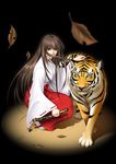  brown_eyes brown_hair copyright_request japanese_clothes leaf long_hair miko sandals sheath solo takatan tiger wind 
