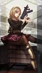  bad_id bad_pixiv_id blonde_hair blue_eyes boots end_of_eternity gun h&amp;k_mp5k hairband heckler_&amp;_koch n.a. pantyhose plaid plaid_skirt reanbell short_hair sitting skirt smile solo submachine_gun weapon 