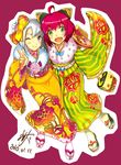  2girls copyright_request japanese_clothes kan_satomi kimono multiple_girls new_year one_eye_closed 