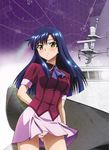  aika_(series) aika_r-16 aika_r-16_school_uniform arm_behind_back ass_visible_through_thighs bangs blue_hair blue_neckwear blush boat closed_mouth cravat crotch_seam eyebrows_visible_through_hair highres jacket long_hair minamino_karen non-web_source official_art panties pantyshot pantyshot_(standing) pink_panties pink_skirt purple_jacket school_uniform sidelocks skirt solo standing underwear watercraft wind wind_lift yamauchi_noriyasu yellow_eyes 