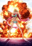  ahoge bikini blonde_hair explosion fringe_trim front-tie_top groin henshin highres hoshii_miki idolmaster idolmaster_(classic) kamen_rider legs long_hair lowleg lowleg_bikini navel parody piroishi pose red_scarf scarf side-tie_bikini solo standing swimsuit 