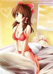  bad_id bad_pixiv_id barefoot bed bikini breasts brown_hair cleavage hakurei_reimu heart kneeling long_hair medium_breasts nikoo pillow polka_dot polka_dot_bikini polka_dot_swimsuit red_bikini red_eyes side-tie_bikini smile solo stuffed_animal stuffed_toy swimsuit teddy_bear touhou window 