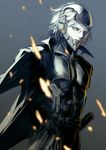  bad_id bad_pixiv_id cyborg face helmet male_focus metal_gear_(series) metal_gear_solid_4 raiden silver_hair sketch solo trench_coat ueda_toraji 