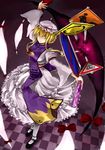  blonde_hair bow dress fan gap hair_bow hair_ribbon hat ribbon short_hair sign sinzire solo touhou yakumo_yukari yellow_eyes 